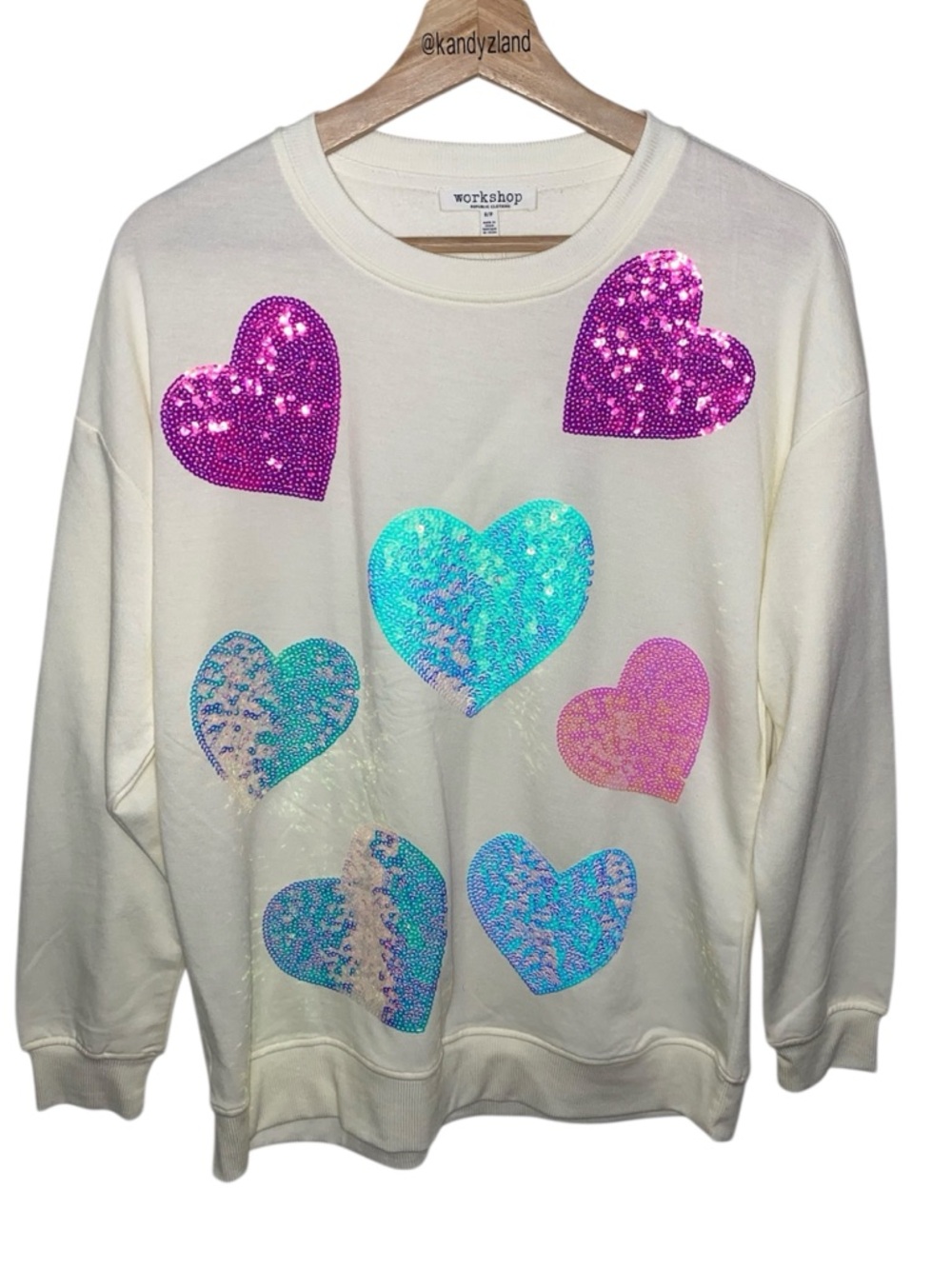 WORKSHOP Women’s Cream Sequin Heart Pullover Top - Picture 1 of 3